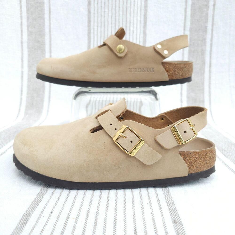 Birkenstock Tokio Shoes EU 40 Gold Buckle Nubuck Leather Clogs Tan Beige Sand